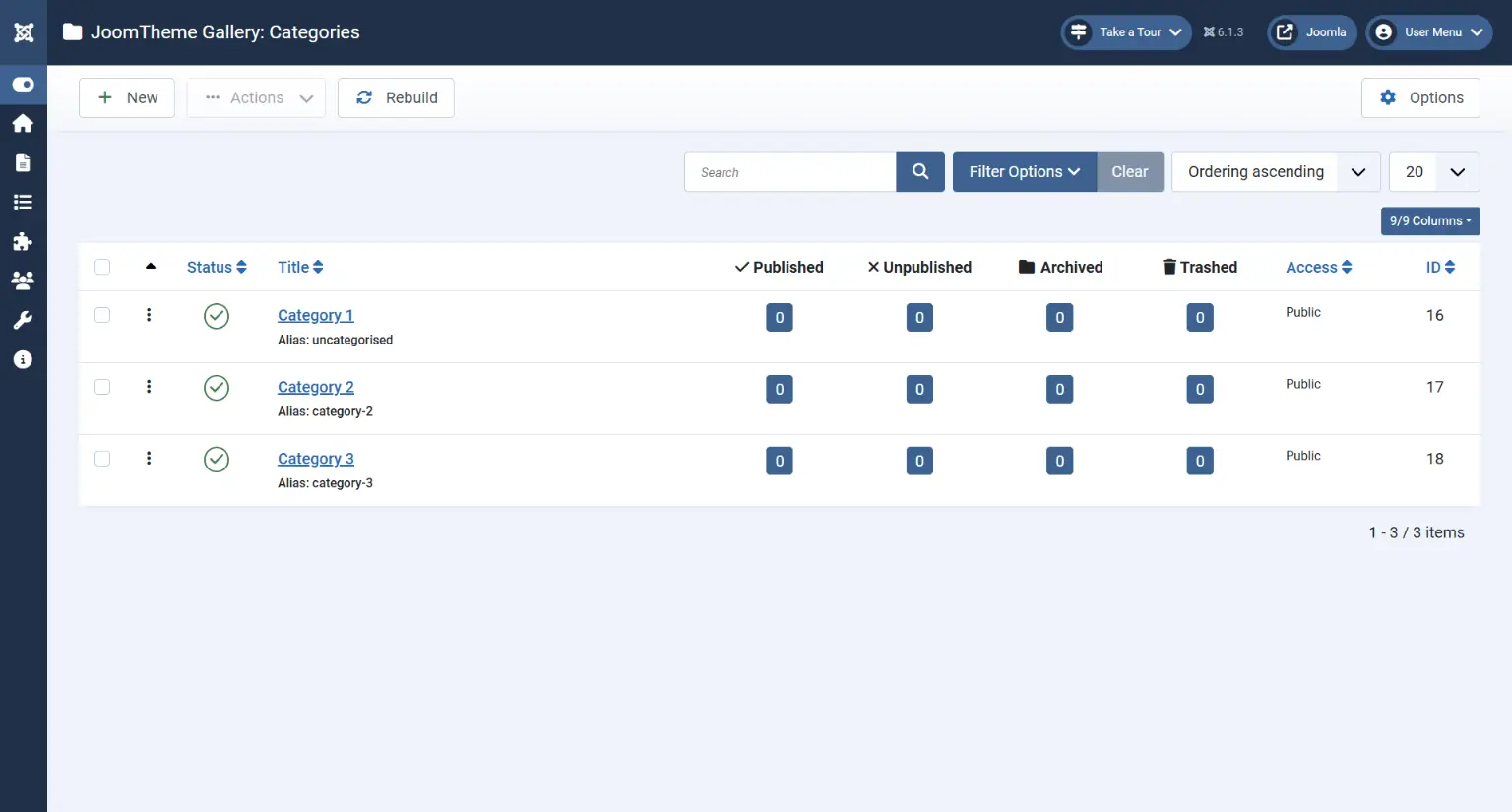 Joomla administrator category list for JoomTheme Gallery