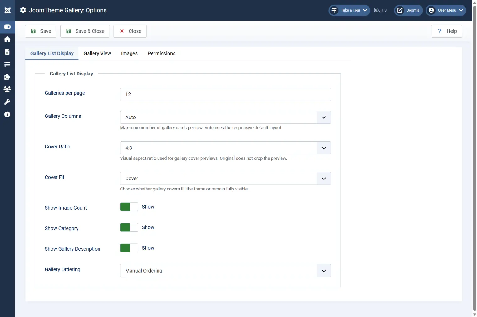 JoomTheme Gallery options page with display settings
