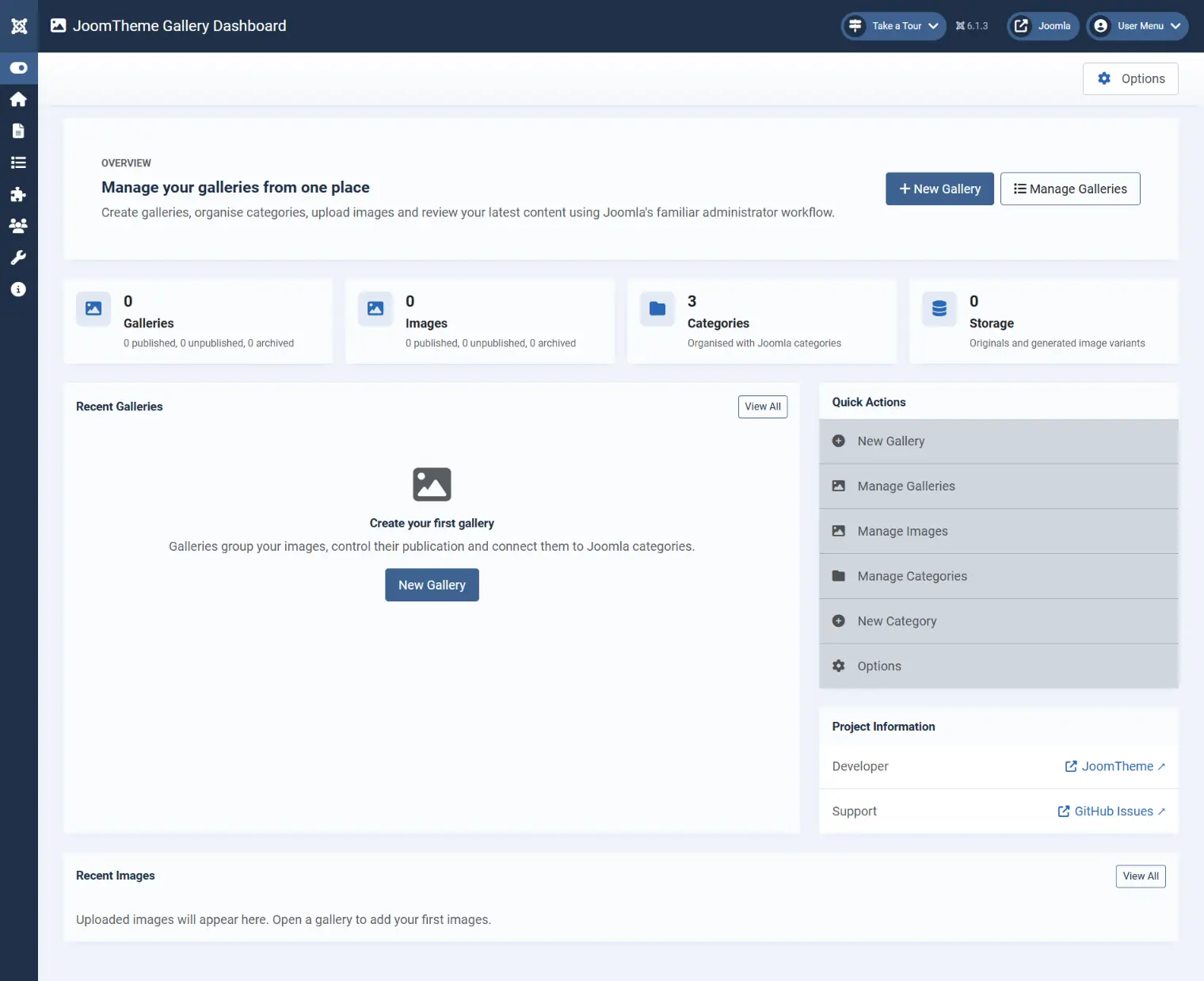 JoomTheme Gallery dashboard with statistics, recent content and quick actions