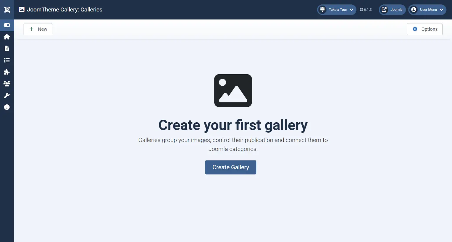 Empty galleries page prompting the administrator to create a gallery