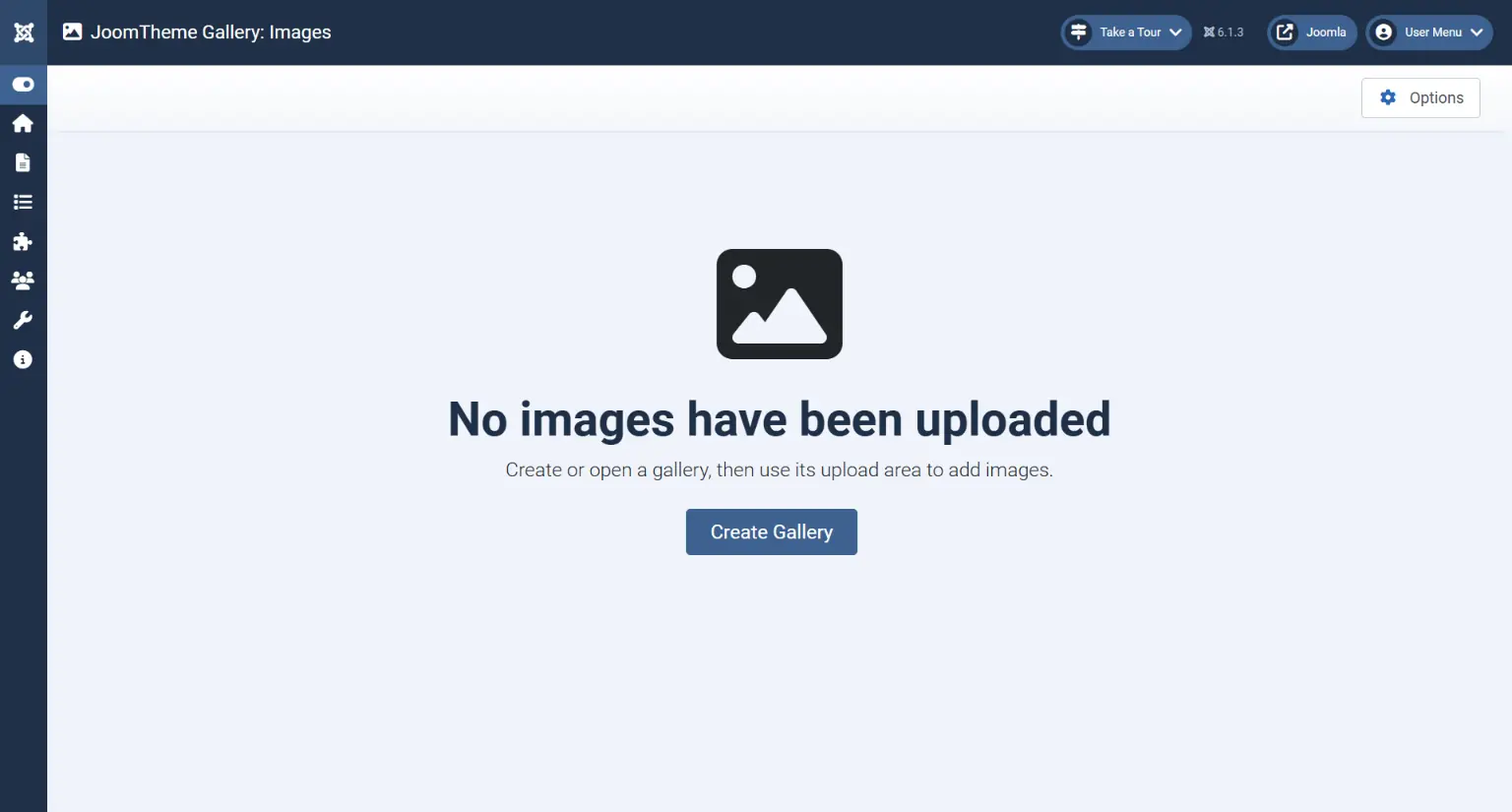Empty image library explaining how to upload the first images