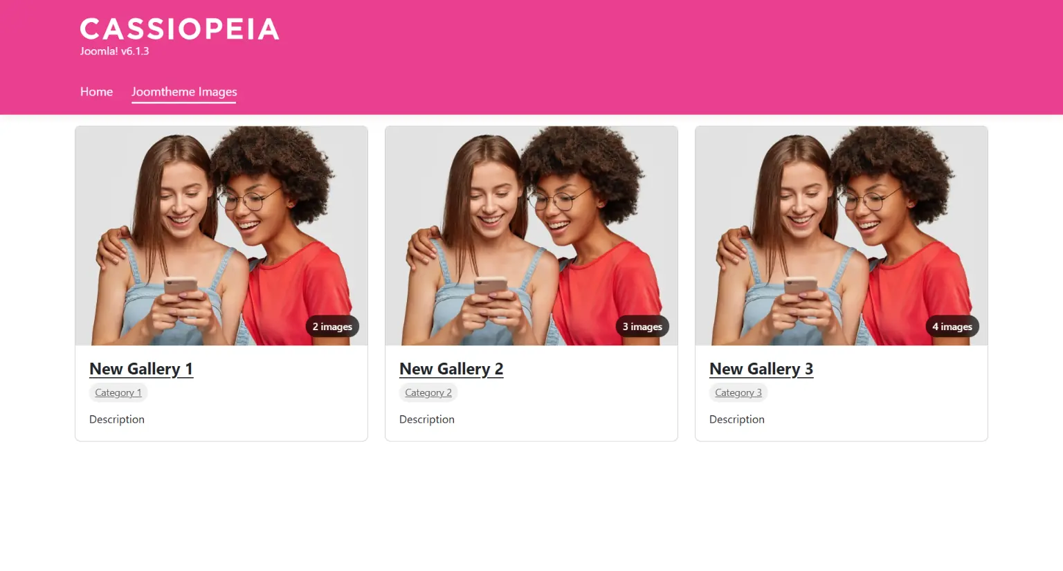 Three responsive gallery cards displayed in Joomla's Cassiopeia template