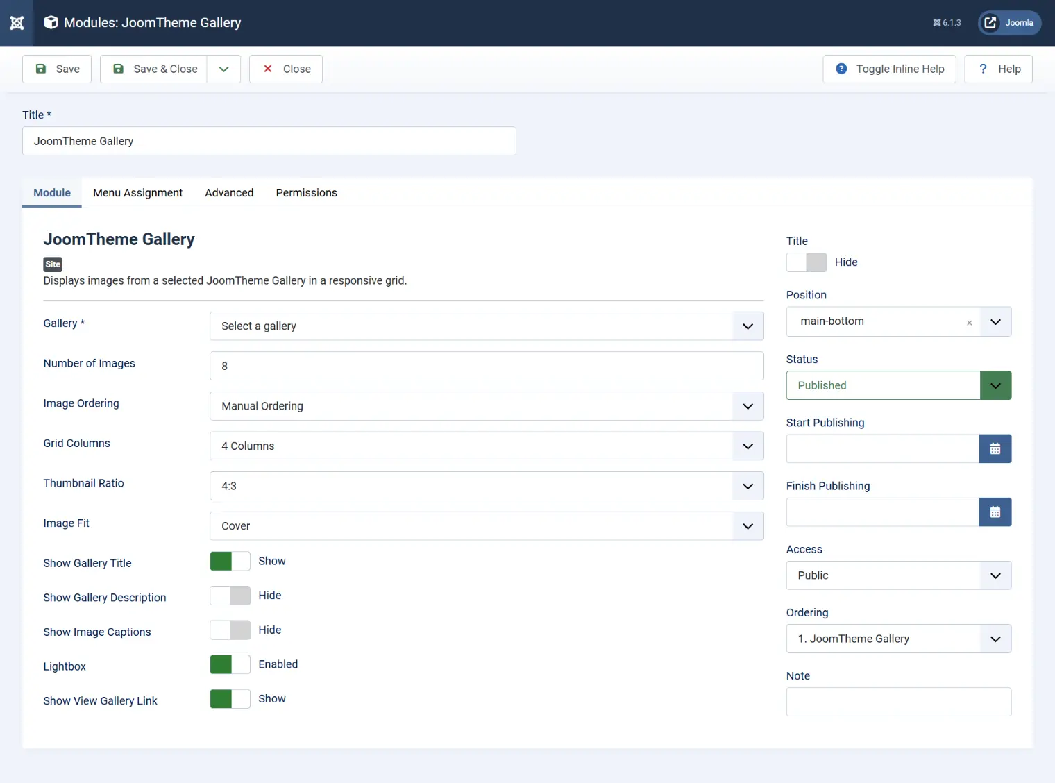 JoomTheme Gallery module settings in Joomla administrator